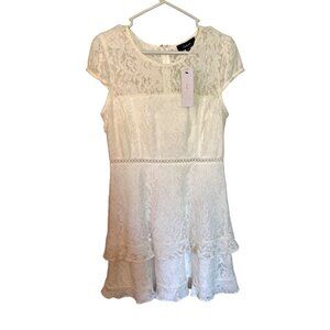 Lace Dress Medium White Cotton Blend Cap Sleeve Ruffle Hem Back Zipper Aakaa